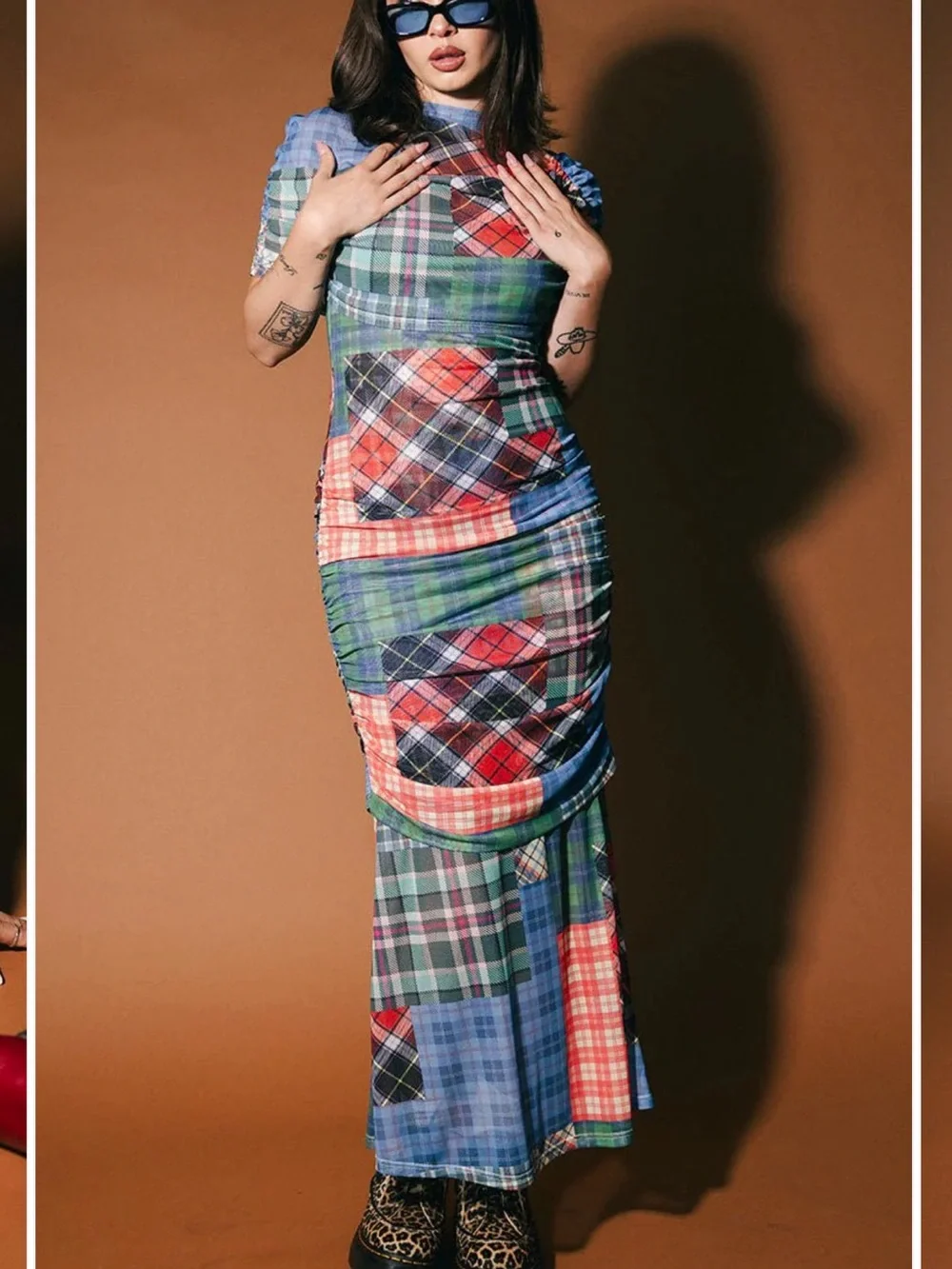 Dressed in Lala Girl From Mars Mesh Dress + Shawl in Mixed Plaids - Picture 3 of 15